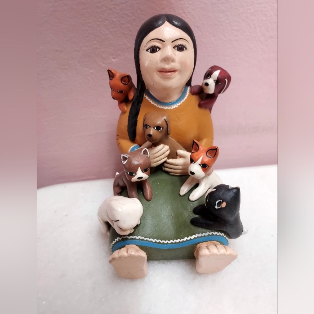 Terracotta StoryTeller with Dogs Figurine Peruvian Folk Art.